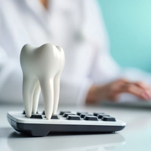 Tooth model sitting on top of calculator