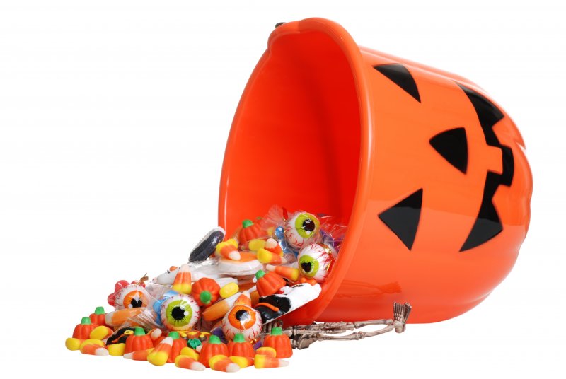 a bucket of Halloween candy 