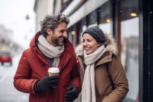 Happy, smiling couple walking outside